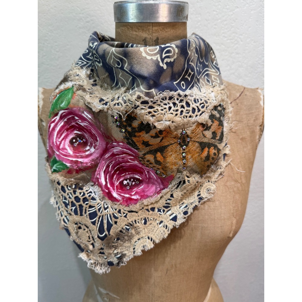 A Rare Bird Hand Painted Lace Bandana Scarf Blue Paisley Floral Butterfly NWT